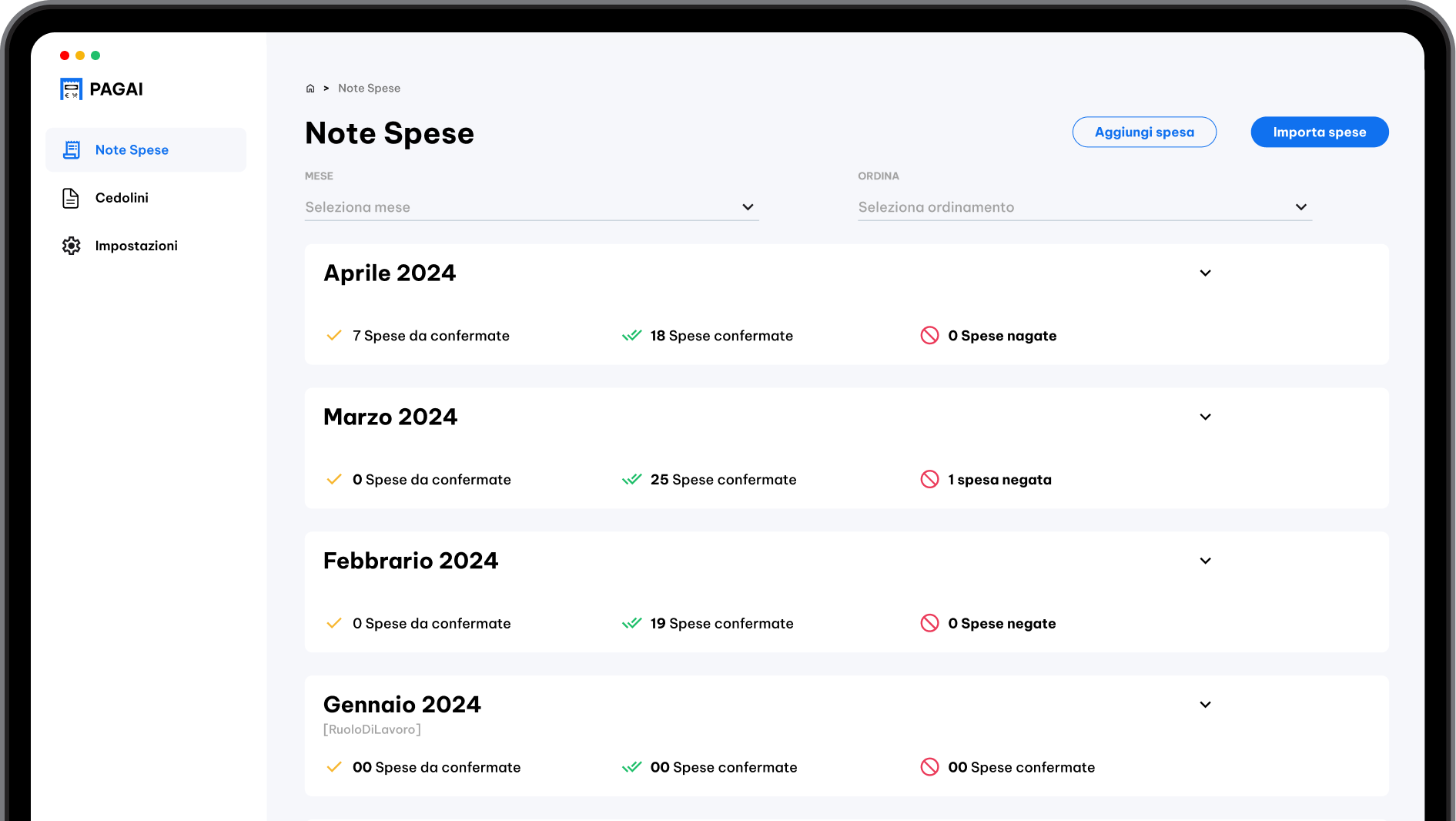 Dashboard Pagai per la gestione delle note spese
